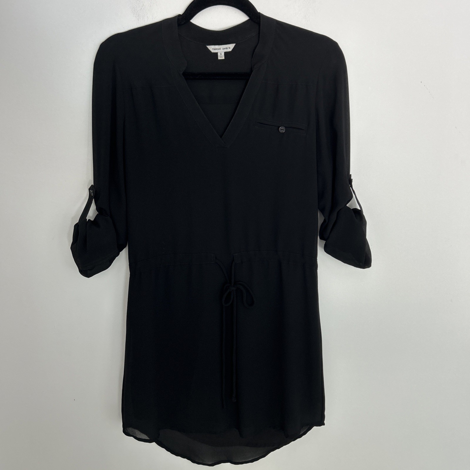 Naked Zebra Women's S Black V-Neck Waist Tie Roll Tab Sleeves Lightweight Dress