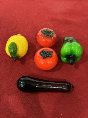 Vintage Murano Blown Glass Fruit Art Eggplant Bell Pepper Lemon & Two Tomatoes