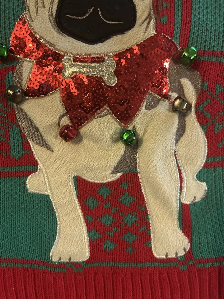 33 Degrees Ugly PUG Christmas Sweater Small Red Green Sequin Accent Jingle Bell - Image 4 of 4