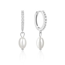 Dainty Pearl Hoop Earrings with Clear CZ for Women, 925 Sterling Silver Lightwei