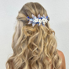 Bridal Hair Vine Pieces Blue Rhinestone Butterfly White Flower Silver Leaf Headp