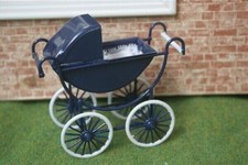 Navy & White Pram, Dolls House Miniatures Nursery  1/12 scale, Metal