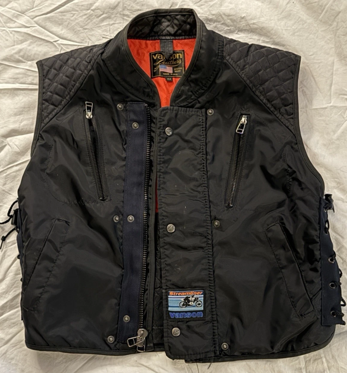 Vanson Leathers Streamliner Black Motorcycle Vest Quilted Lining Men 42 USA Made image 1