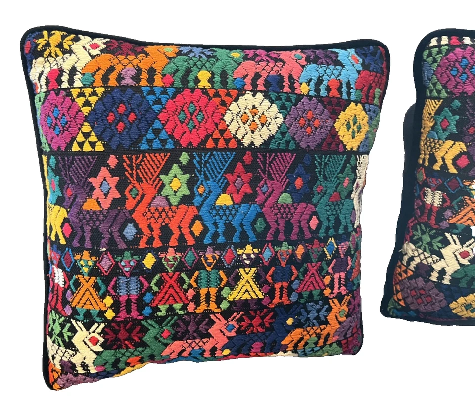 Guatemalan Huipil Throw Pillows Set 2 Hand Embroidery  12” Squares Velvet Multi - Image 2 of 4