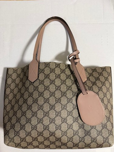GUCCI GG Pattern Reversible Tote Hand Bag Leather PVC Pink Beige From Japan