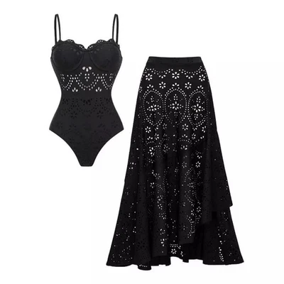 Costume Une Pièce Femme Avec Pareo Gonne Traforée Noir Élégant Mare 3L8X5 - Photo 1/3