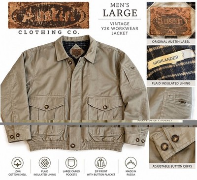 Vintage Y2K Austin Clothing Co Men s L Cargo Bomber Jacket Plaid Lined Russia