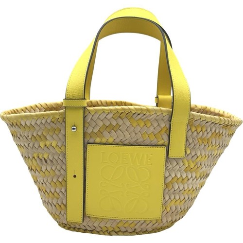 LOEWE Basket Bag Small Palm Leaf Natural Yellow Leather Handle Auth