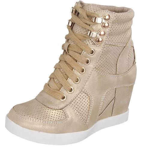 Buy Gold metallic wedge sneakers by Anaar at Aashni and Co