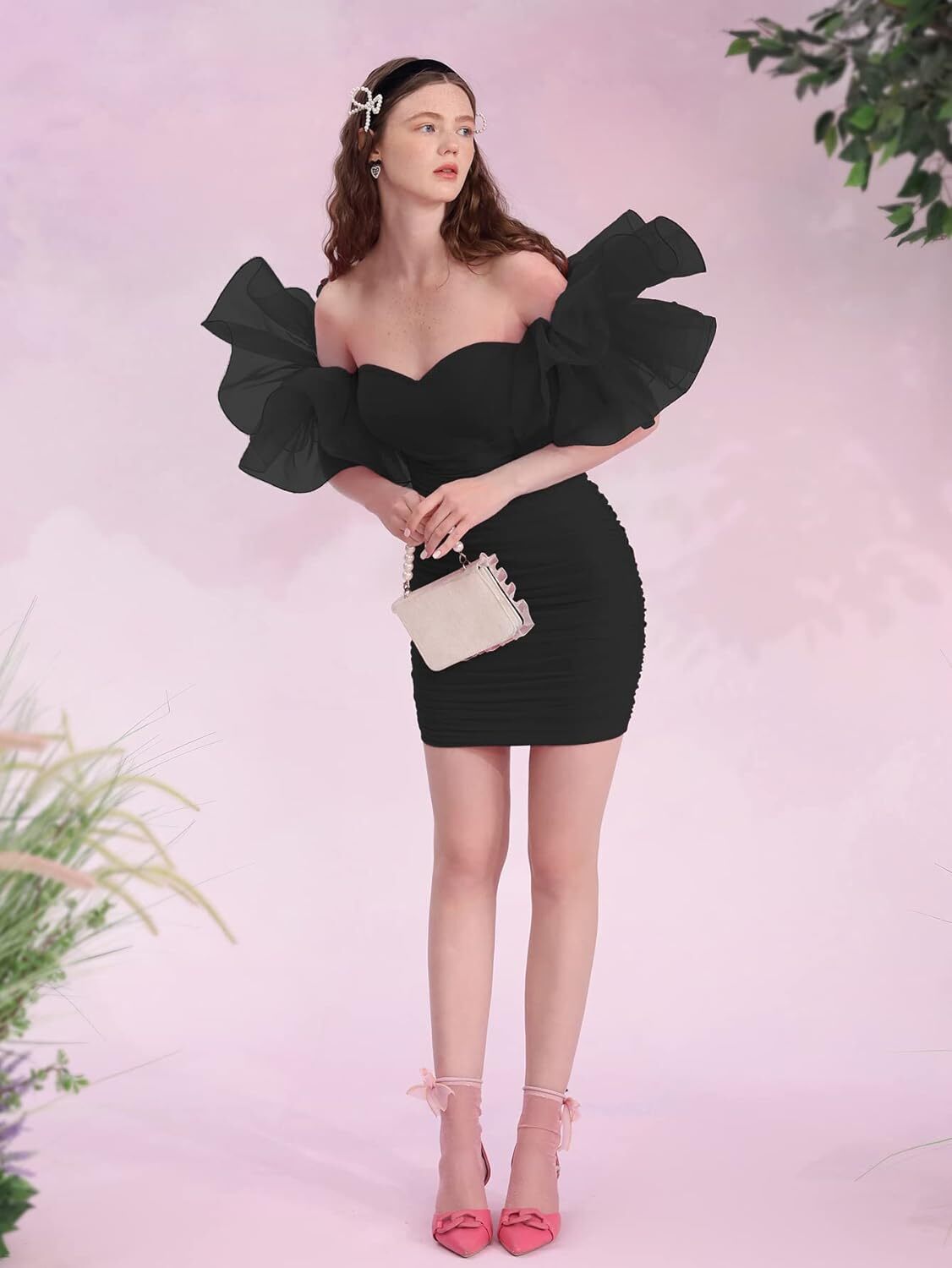 2024 Women's Summer New Black Sexy Off Shoulder Light Luxury Mesh Peach Heart Diamond Slim Fit Bandage Dress Elegant Fashion Eve