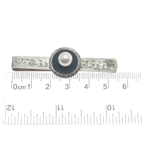 925 Sterling Silver Antique Japan Real Pearl & Wood Diamond-Cut Tie Bar Clip - Photo 3 sur 7