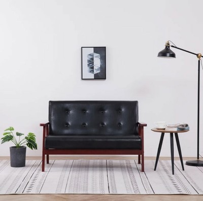 Retro Loveseat Sofa Black Small 2 Seater Mid Century Modern Settee Faux Leather Ebay
