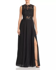  288 Aqua Women Black Lace Pleated V- Neck Sleeveless Evening Gown Dress Size Xs