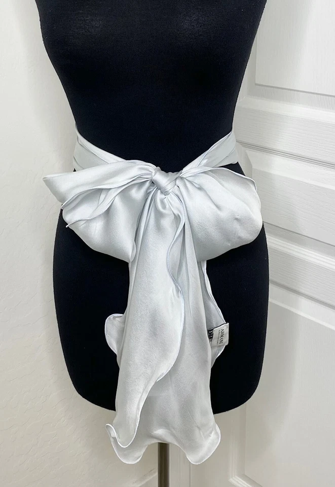 ARMANI Collezioni Silver Light Blue Silk Lattice Rolled Edge Trim Scarf Shawl - Image 4 of 4