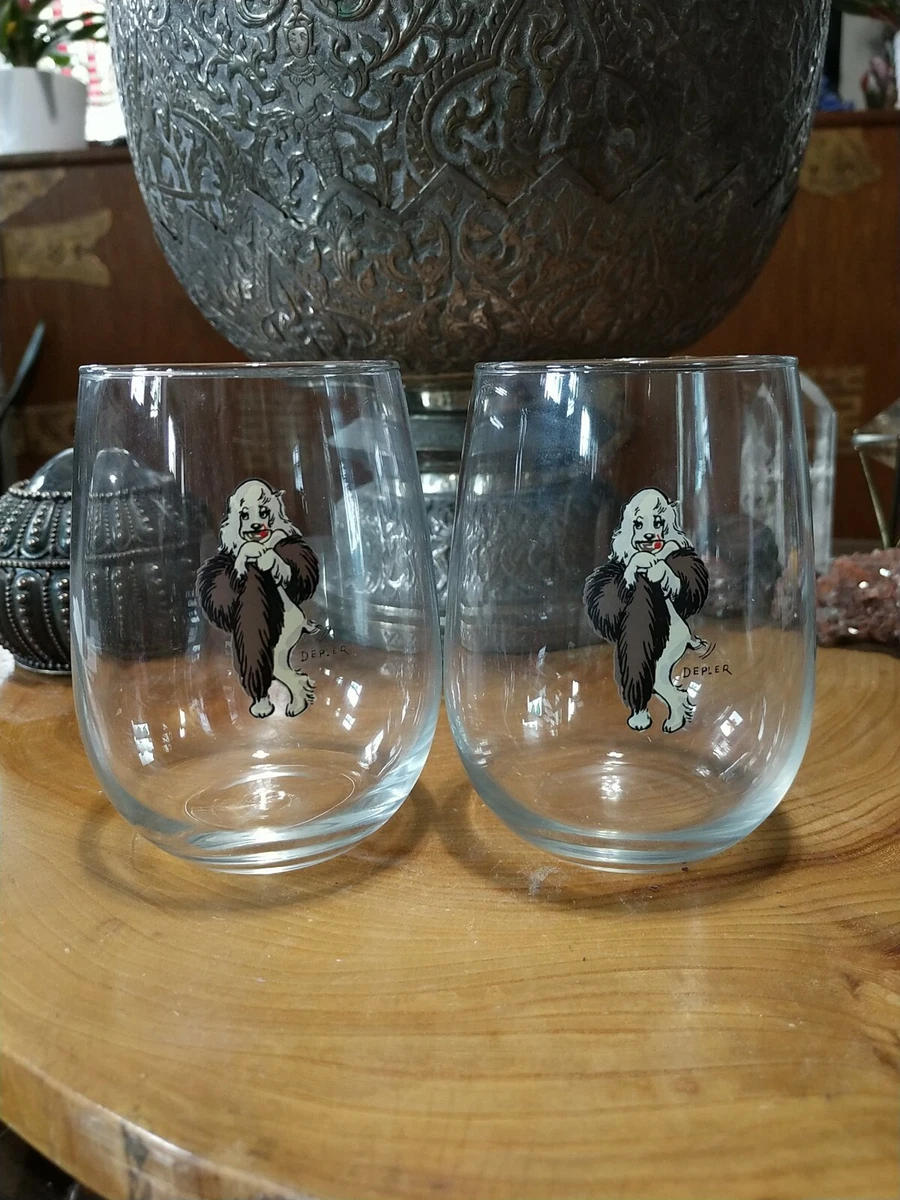 2 vintage signed Depler bar glasses, tumblers. Fancy lady dog drinking martini