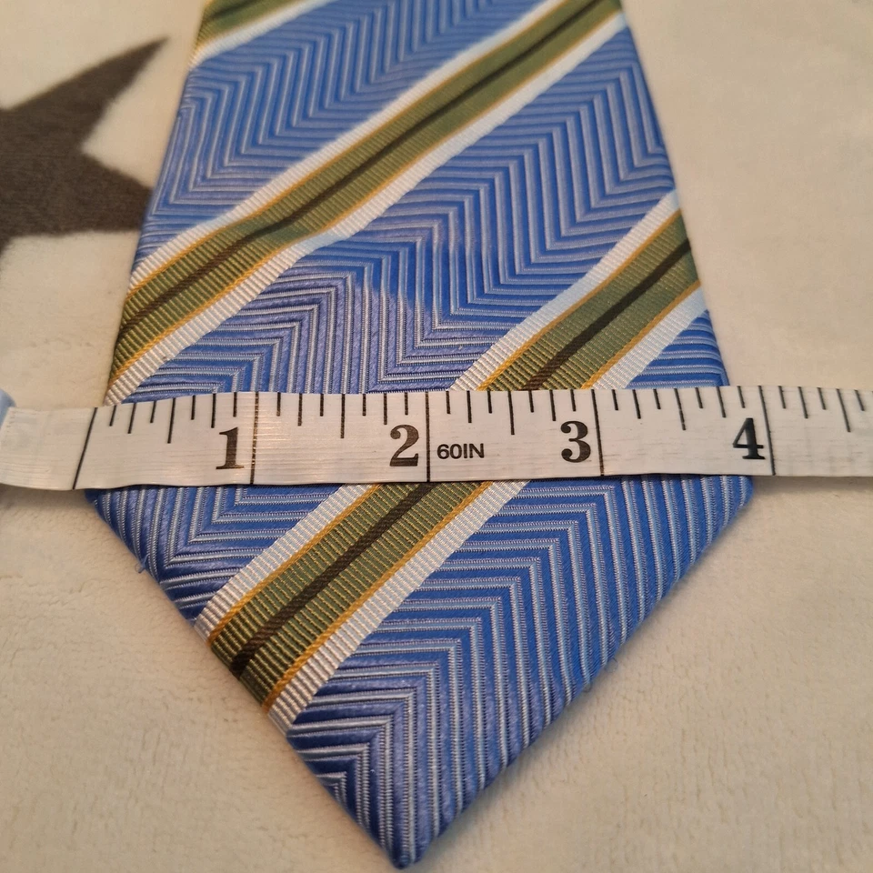 Henry Jacobson Men's Neck Tie Blue And Green Striped 100% Silk Handmade - Image 4 of 4