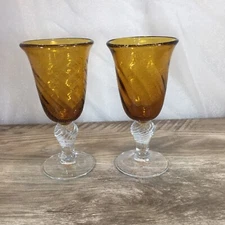 Set Of Two Amber Wine Glasses/Goblets Bell Shaped With Swirl Design 