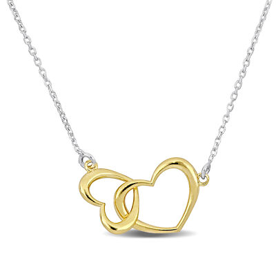 Amour Two-Tone Yellow and White Double Heart Charm Necklace - 16.5+1 in.