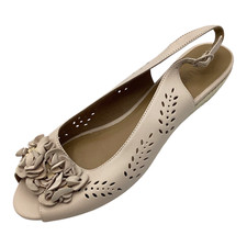 Hotter Womens Betsy Nude Leather Low Wedge Heel Slingback Sandals Size UK 7 New