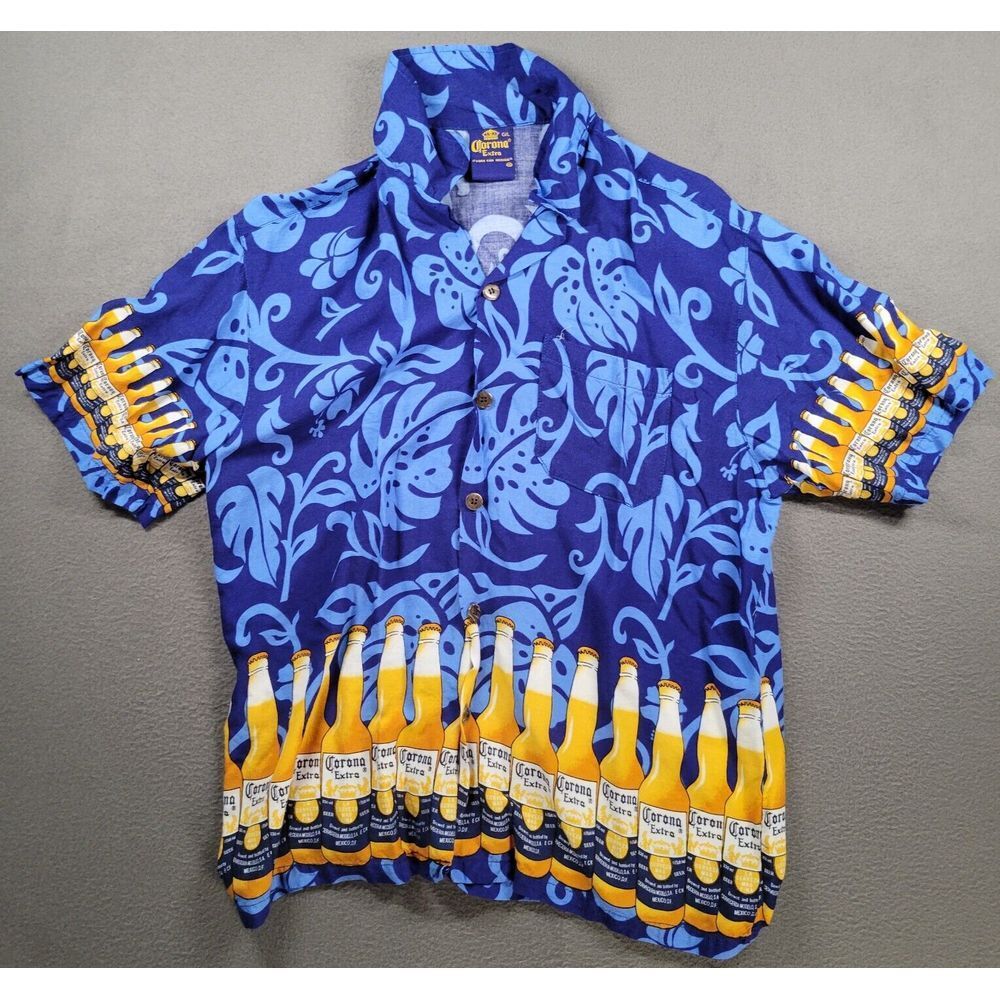 トップス Corona BEER  RAYON SHIRTS Corona Beer Shirt Mens L Blue Graphic All Over Print Rayon