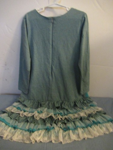 P11 Girls size 8 Isobella and Chloe Teal and Blick Stripe Dress Ruffled Dress - Picture 6 of 7