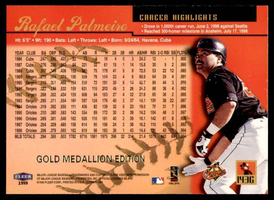 1999 Ultra Gold Medallion #143G Rafael Palmeiro Baltimore Orioles - Image 2 of 2