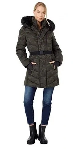 Giacca pelliccia sintetica Michael Kors V8114 donna verde camp puffer con cappuccio taglia S