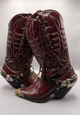 Vintage Burgundy Western Boots — Metal Toe Caps Heel Guards Spurs — US 7.5