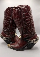 Vintage Burgundy Western Boots — Metal Toe Caps Heel Guards Spurs — US 7.5