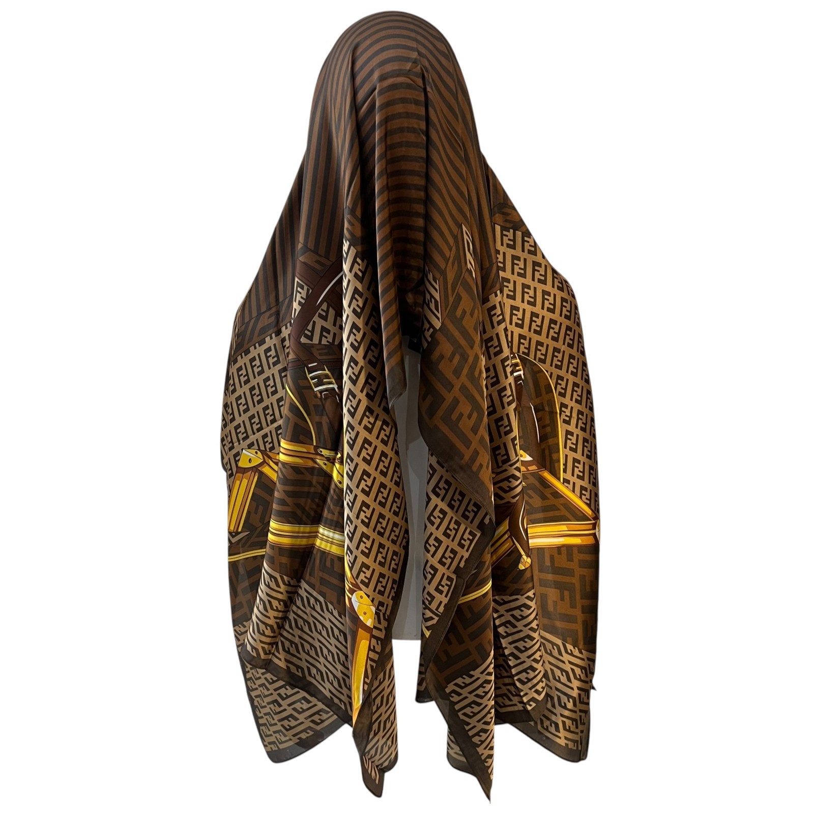 Fendi FF Monogram Silk Scarf Vintage Luggage Print Brown Gold Made in Italy Auth thumbnail 7