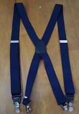 Navy Blue Suspenders Silver Clips  Black Faux Leather Accents I-11D