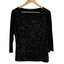 Jones New York Womens Black Sequin Front Top Size Large Stretch Lightweight
