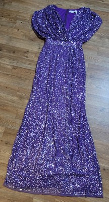 Mac Duggal  5640 Draped Sleeve V Neck Gown Women s Purple Lilac Sequin Size 2