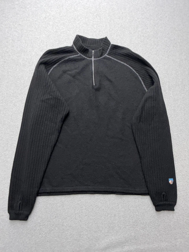 Kuhl Merino Wool Sweater Mens Large Black 1/4 Zip Pullover Thumbholes Hiking - Image 2 of 4