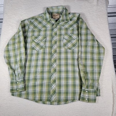 Wrangler Western Snap Shirt Mens XL Green Plaid Metallic Tinsel Pearl Button