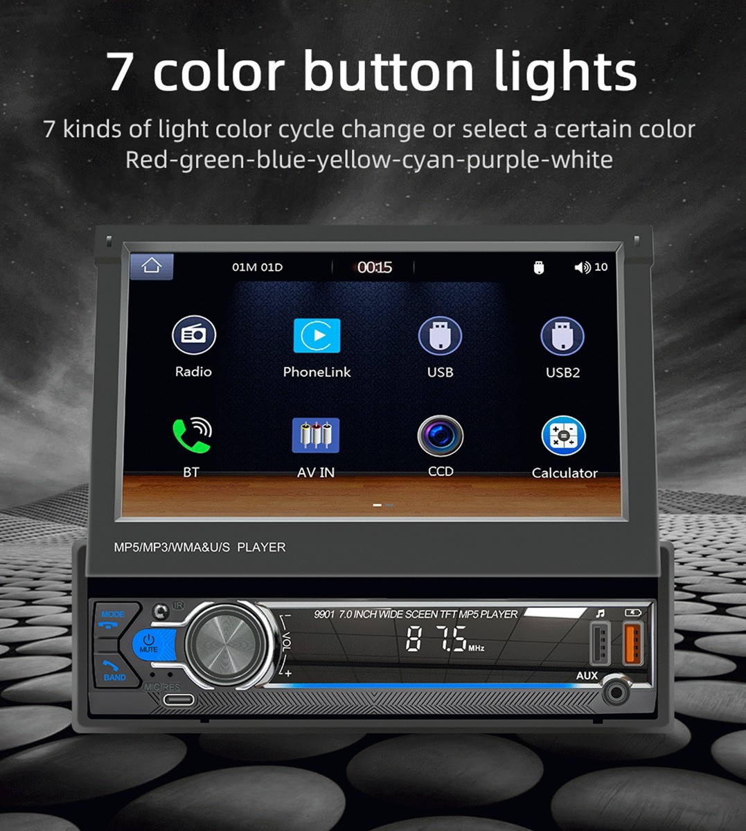 Single 1DIN 7" Car Stereo Radio Carplay Android Auto Flip Out Touch Screen USB