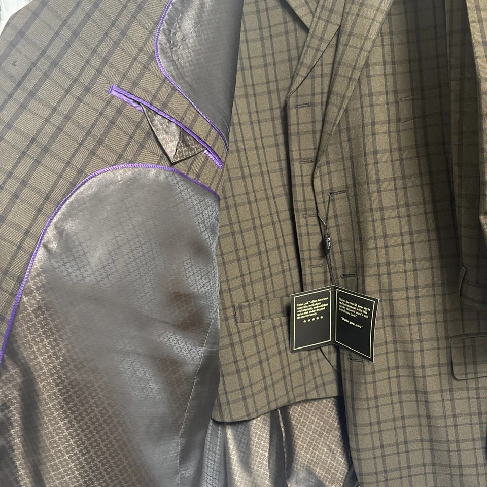 NTW Fortino Landi 3PCS Men's Plaid Checks 3 Button Suit w/ Vest Brown 54R 48W - Image 4 of 4