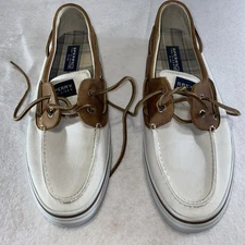 Sperry Top-Sider Boat Shoes Men’s 12M Canvas Leather Tan White Casual Deck