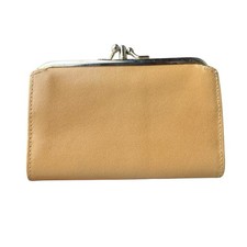 VINTAGE Leather 1970s Beige Tan Double Pocket Kiss Lock Clutch Coin Purse Wallet