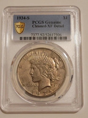 KEY DATE 1934-S Peace Silver $1 Dollar, PCGS Gold Shield XF Details -EOZX