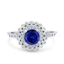 Halo Art Deco Wedding Ring Round Blue Sapphire CZ 925 Sterling Silver Size 10