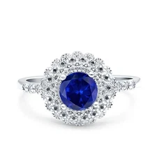 Halo Art Deco Wedding Ring Round Blue Sapphire CZ 925 Sterling Silver Size 10