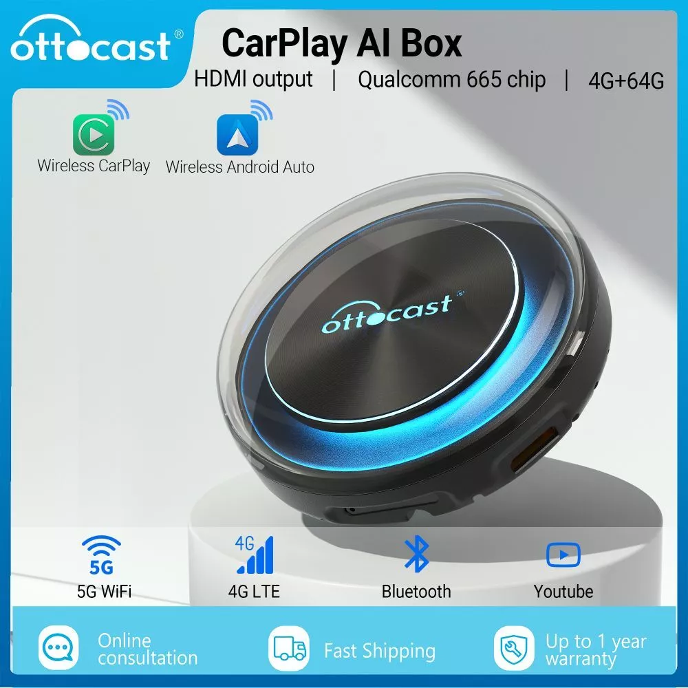 Ottocast CarPlay Android AI Box PICASOU 2 Wireless Android Auto CarPlay  Adapter Android 10 System HD HDMI Output 4+64GB Built-in GPS & SIM TF Card