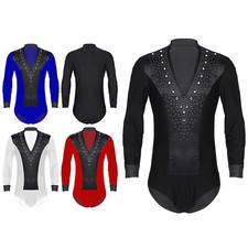 Mens Dancewear Latin Dance Leotard Cha-Cha Bodysuit Dancing Unitards Shiny