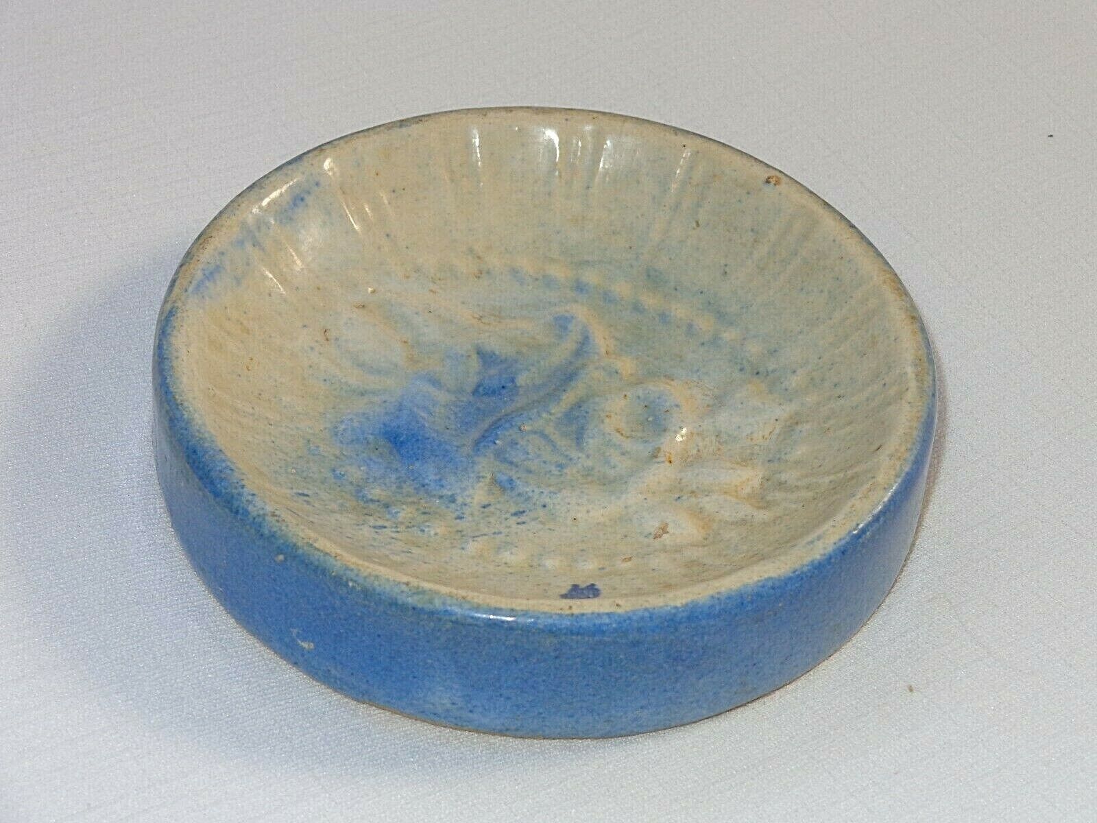Antique Blue White Stoneware Salt Glaze Soap Dish ~ Beaded Embossed Rose ~