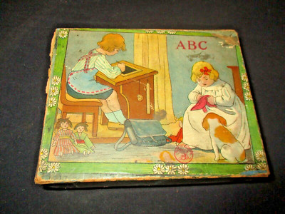 Antique  Victorian 6 Sided Children's  Block Cube Puzzle with Box