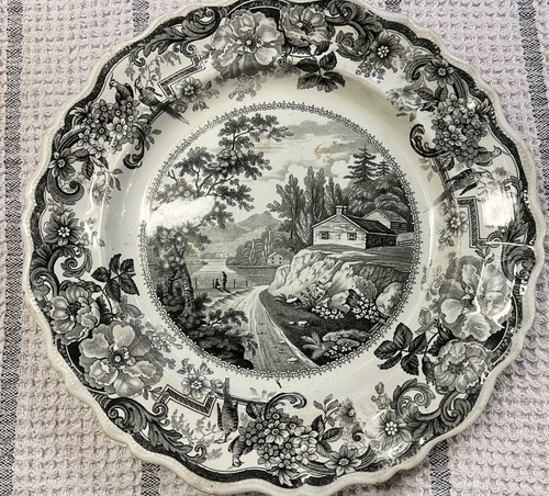 C1820 James Clews English Black Transfer Ware Plate - Hudson River Near FISHKILL