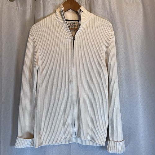 Ralph Lauren Polo Jeans Co Mens Medium Beige Full Zip Ribbed Knit Sweater Logo