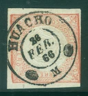 PERU 1862 Coat of Arms 1p red  Scott # 12 used VF "HUACHO 26 FEB, 66" cds pmk