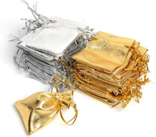 100Pcs Organza Drawstring Gift Bags 3.54x4.72 Gold Silver Jewelry Favor